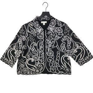 Coldwater Creek Open Blazer 14P Black White Floral Cut-Outs Embroidered Dressy